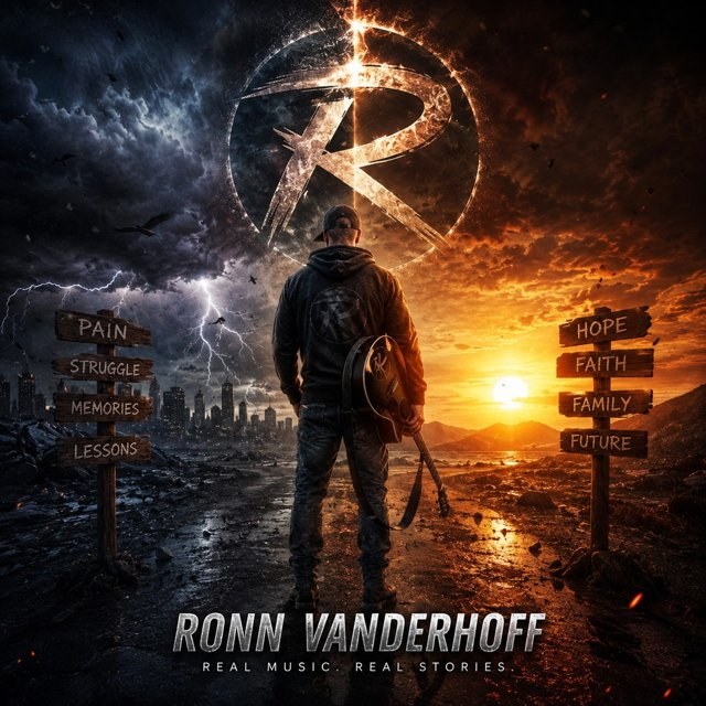 Ronn Vanderhoff seen from behind with a guitar, between a storm on one side and a sunset on the other, with signposts reading Pain, Struggle, Memories, Lessons and Hope, Faith, Family, Future